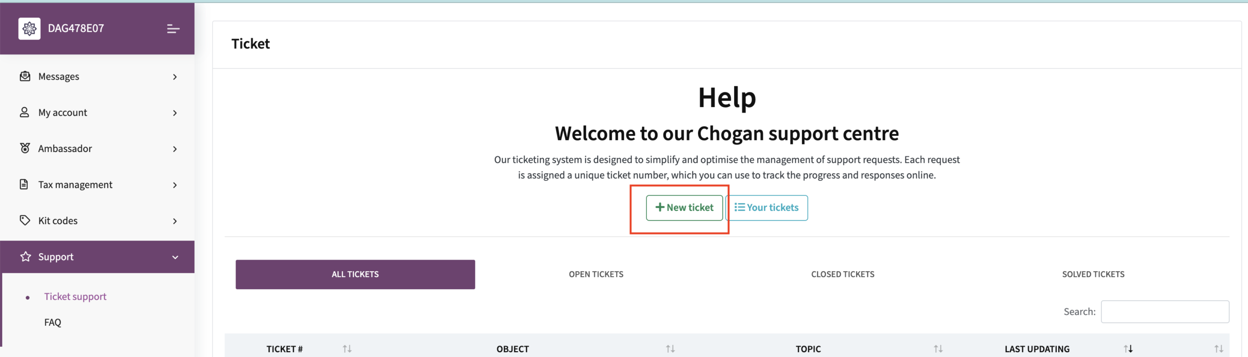 Chogan support how to get open ticket