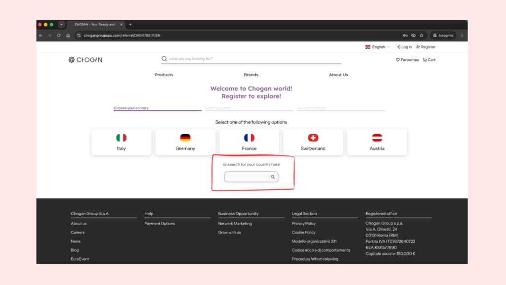How do I become a Chogan customer? - Customer Registration 1 Choose a country: Chogan registration steps